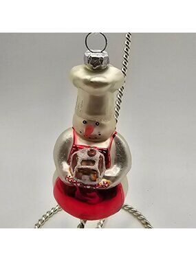 Williams Sonoma Snowman Ornament Holding Gingerbread House With Red Apron & Chef